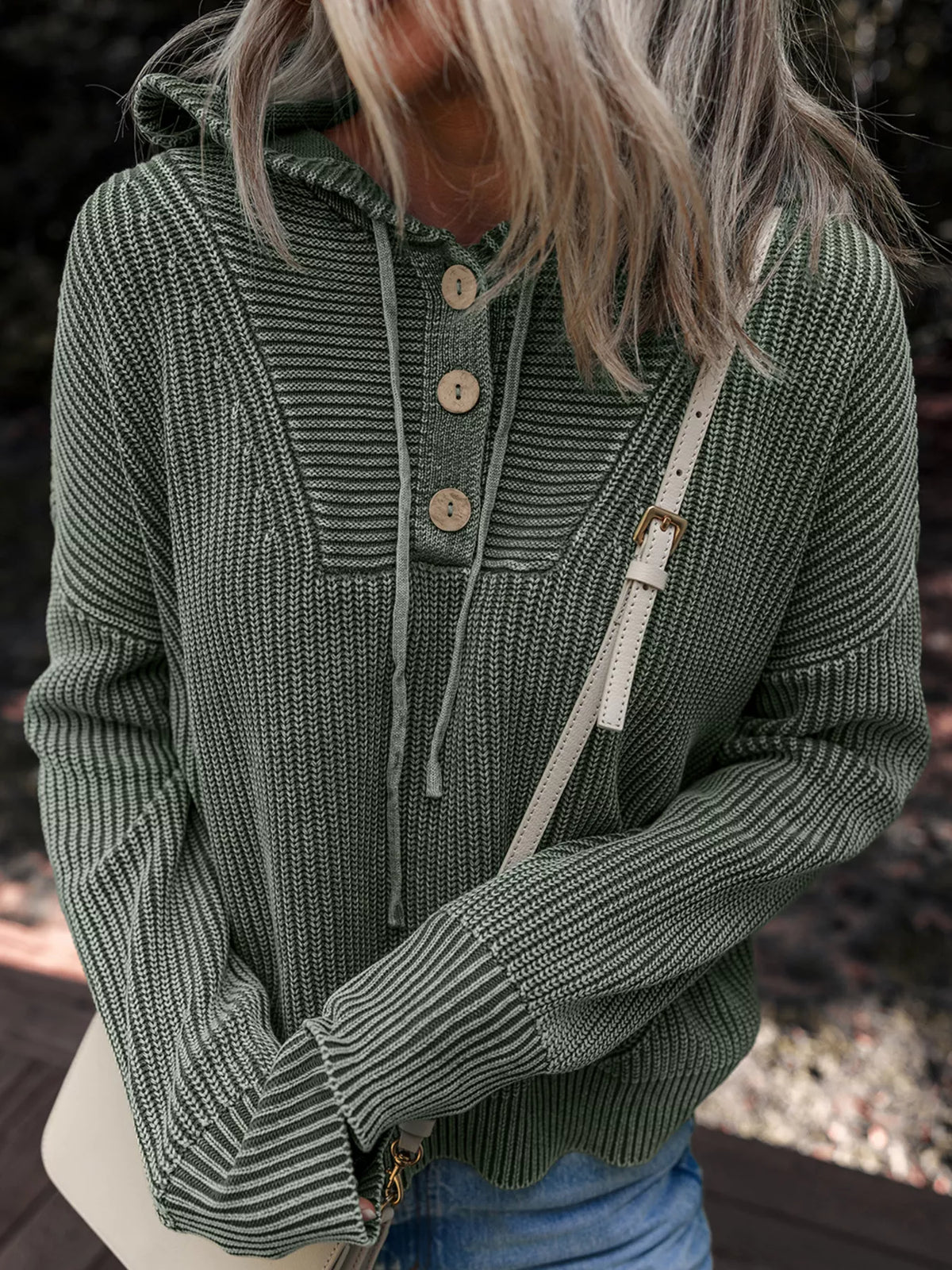 The Arden Ribbed Hooded Knit by Lane & Aston, close-up