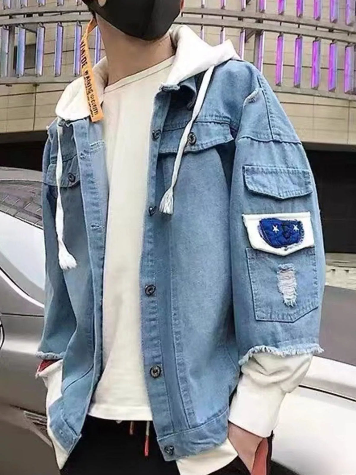 The Knox Patchwork Denim Jacket by Lane & Aston, front view
