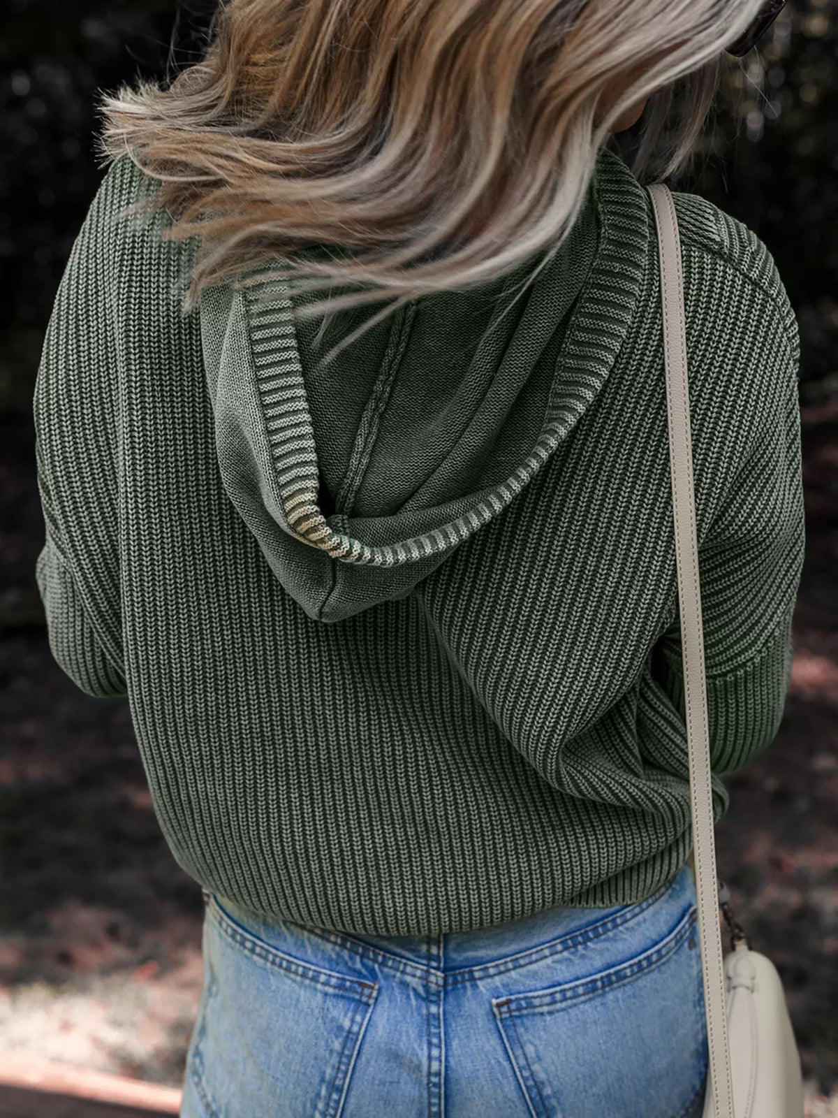 The Arden Ribbed Hooded Knit by Lane & Aston, detail view