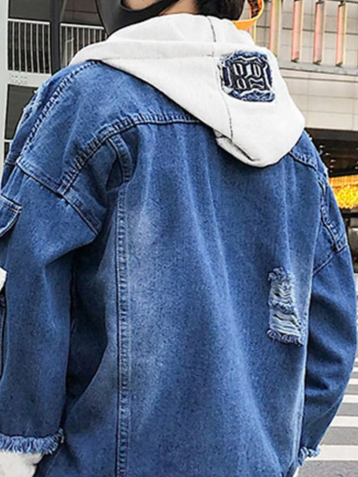 The Knox Patchwork Denim Jacket by Lane & Aston, detail view